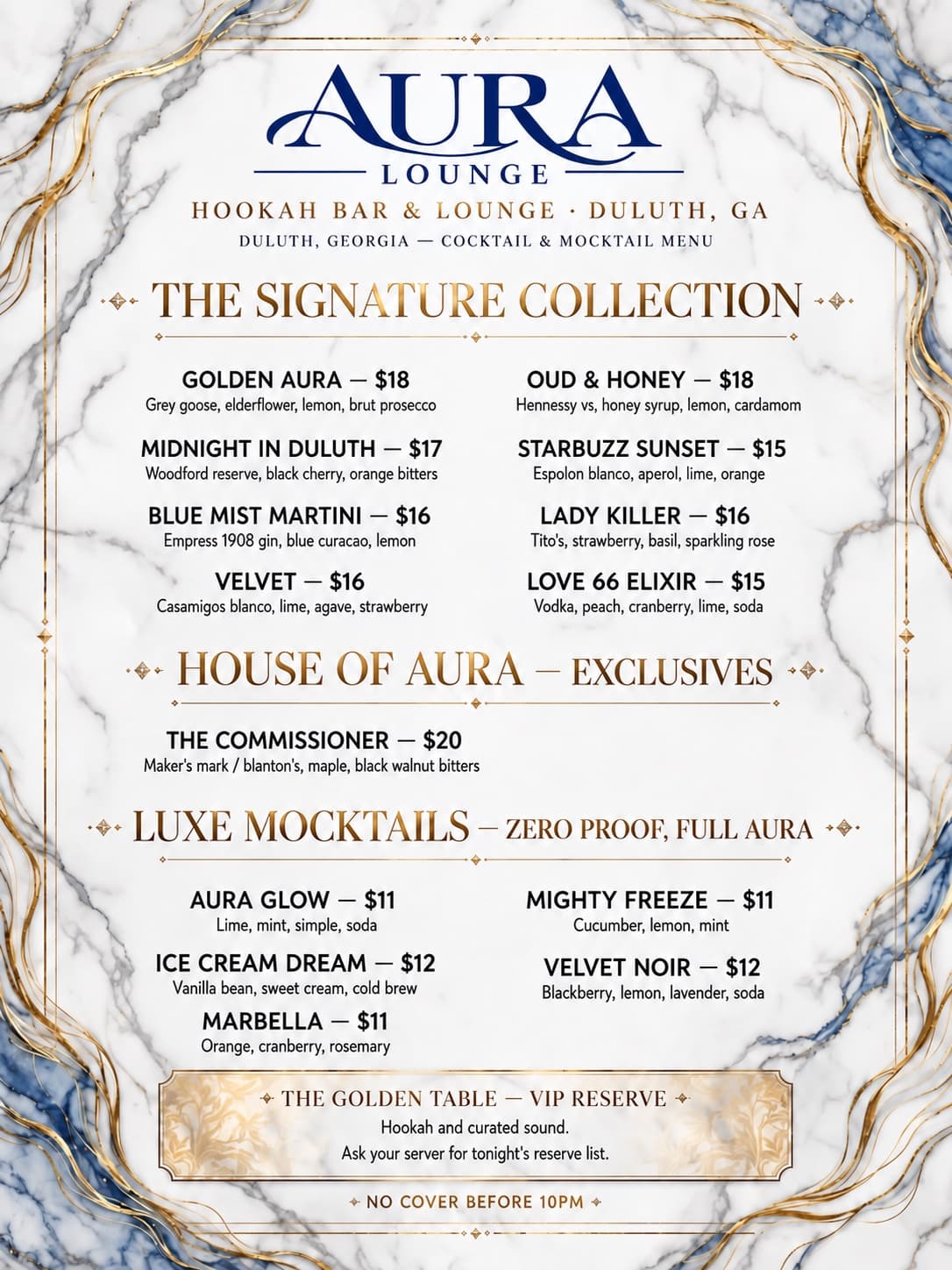 Aura Lounge's printed cocktail sheet — the Signature Collection, the House of Aura exclusive and the zero-proof mocktails, each with its build — navy and gold on marble.