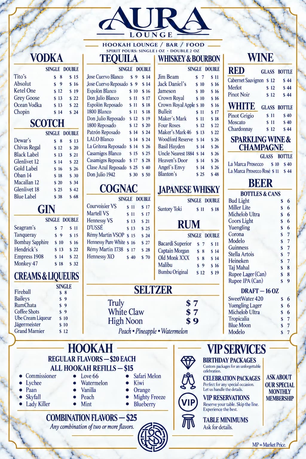 Aura Lounge's printed Gold Bar sheet — spirits by the pour, wine, beer, hookah and VIP — navy and gold on marble.