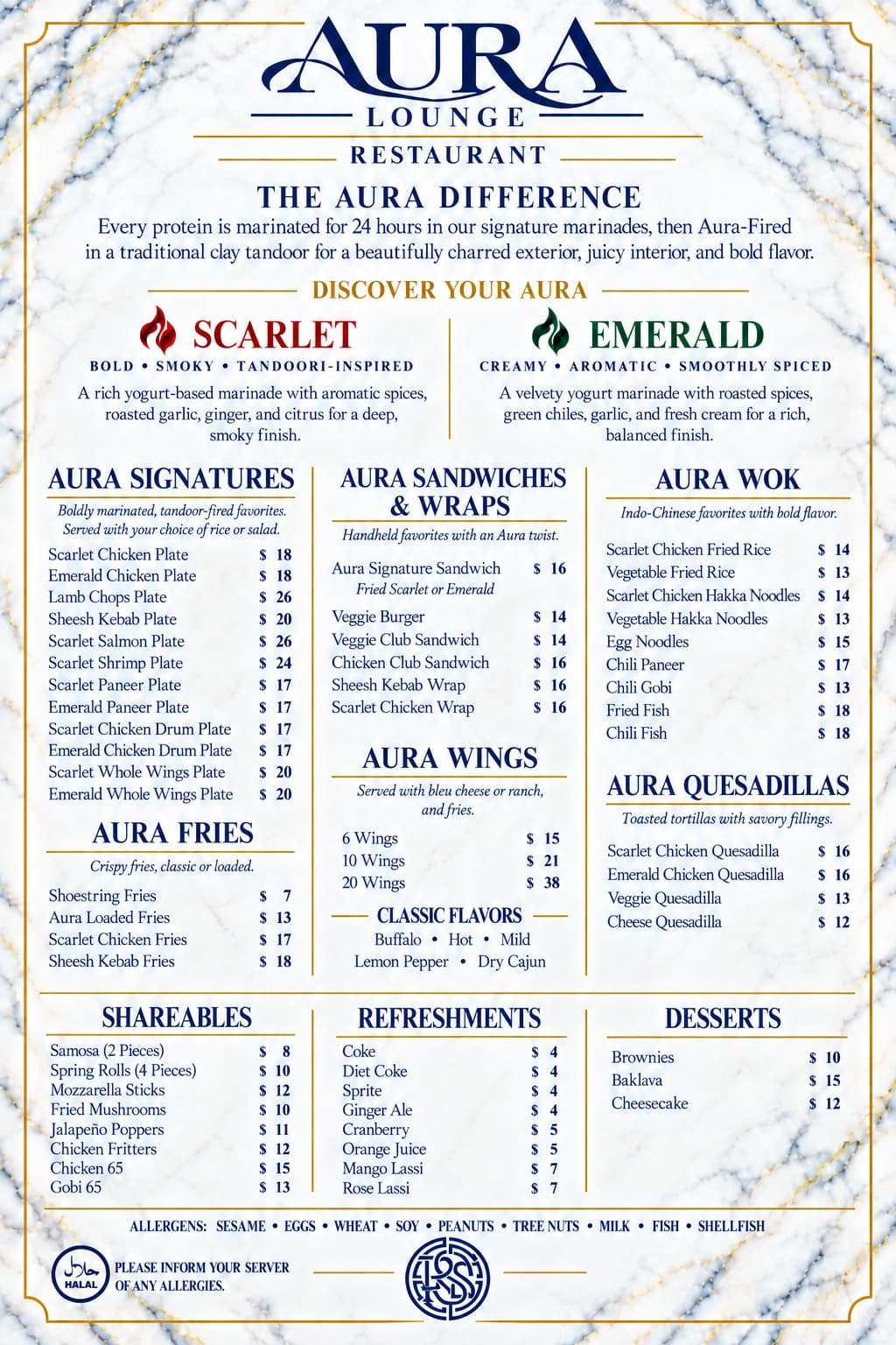 Aura Lounge's printed restaurant sheet — the Scarlet and Emerald marinades, signatures, wings, wok, quesadillas, shareables and desserts — navy and gold on marble.